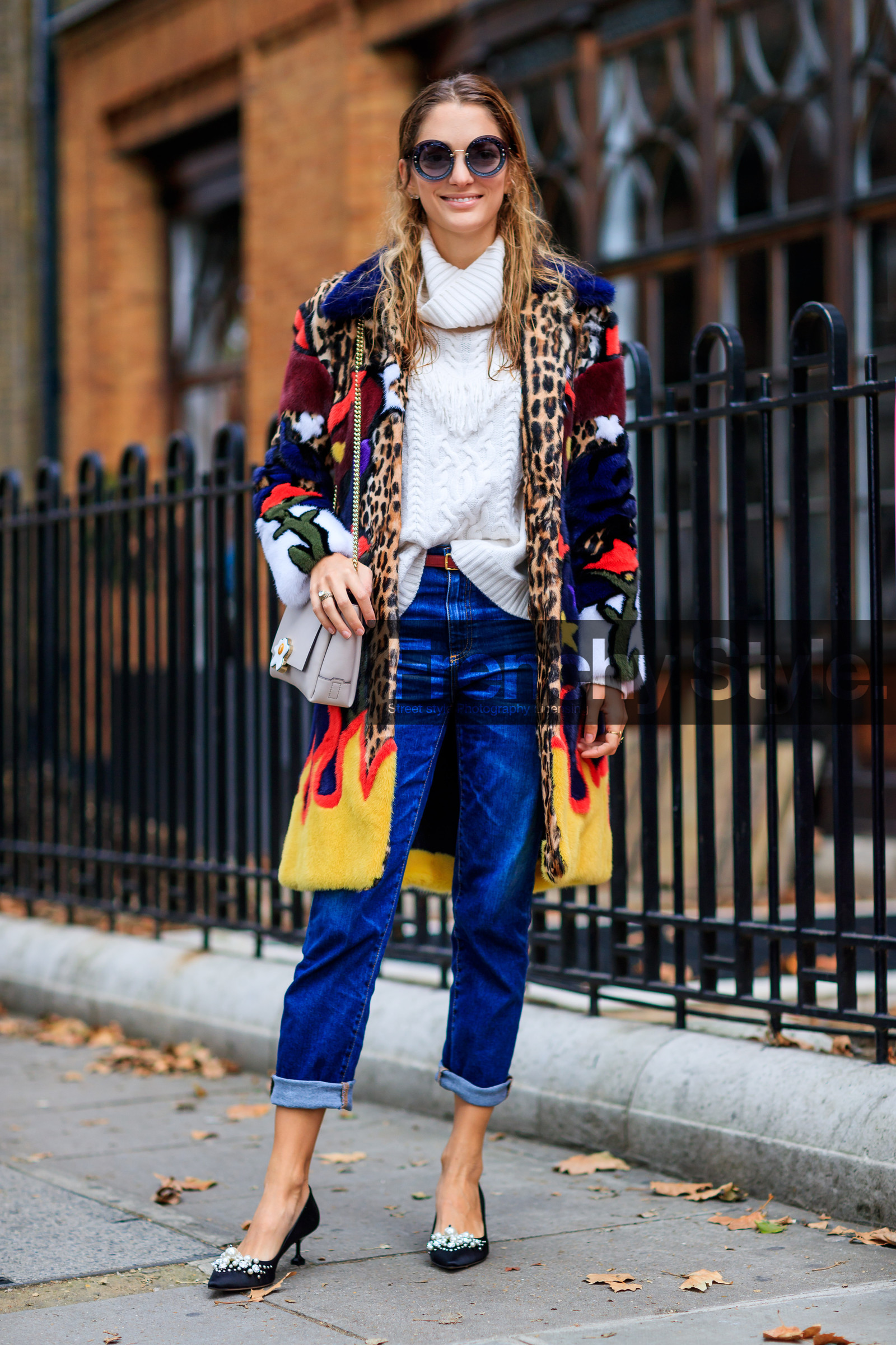 animal print, black shoes, blue denim, denim pants, fashion week, frenchystyle, full length, fur coat, fur jacket, FW, jeans, jonathan paciullo, leather bag, leather shoes, leopard print, LFW, LONDON, multicolor jacket, printed coat, printed jacket, sofia sanchez de betak, SPRING SUMMER 2017, SS 17, stars, street style, sunglasses, trousers, turtleneck sweater, vertical, white bag, white knit, white sweater, woman