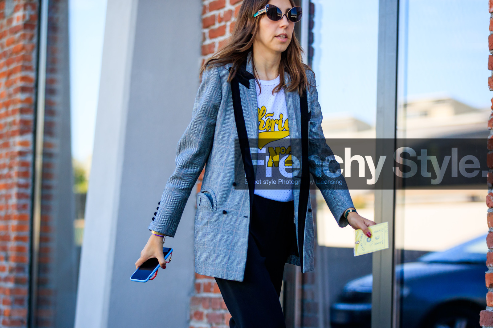 atmosphere details, black pants, blazer, checked jacket, detail, fashion week, frenchystyle, FW, graphic jacket, grey jacket, horizontal, jonathan paciullo, MFW, MILAN, plaid, printed jacket, printed t shirt, SPRING SUMMER 2018, SS 18, street style, sunglasses, trousers, white t shirt