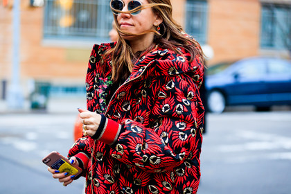 blue denim, denim pants, graphic jacket, jeans, printed jacket, red jacket, sunglasses, trousers, street style, jonathan paciullo, FW, frenchystyle, fashion week, NYFW, NEW YORK, AUTUMN WINTER 2018-2019, AW 18-19, FALL WINTER 2018-2019, FW 18-19, atmosphere details, horizontal, detail