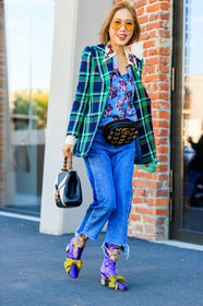 black and white bag, blazer, blue denim, blue shirt, checked jacket, denim pants, embroidered shoes, fanny pack, fashion week, frenchystyle, full length, FW, glitter, graphic bag, graphic jacket, graphic shirt, green jacket, gucci, high heels, jeans, jonathan paciullo, leather bag, leather shoes, MFW, MILAN, plaid, printed bag, printed jacket, printed shirt, purple boots, sequined boots, shiny shoes, SPRING SUMMER 2018, SS 18, street style, sunglasses, tartan, trousers, vertical