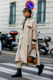 beige coat, beige pants, black shoes, brown bag, graphic bag, leather bag, leather shoes, prada, printed bag, sunglasses, trousers, MILAN, MFW, fashion week, frenchystyle, FW, jonathan paciullo, street style, AUTUMN WINTER 2019-2020, AW 19-20, FALL WINTER 2019-2020, FW 19-20, vertical, full length