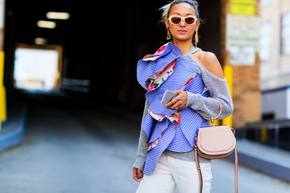 atmosphere details, blue top, chloé, detail, earrings, fashion week, frenchystyle, FW, graphic top, grey sweater, horizontal, jonathan paciullo, layers, leather bag, NEW YORK, NYFW, SPRING SUMMER 2018, SS 18, street style, sunglasses, trousers, white pants
