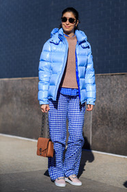 AUTUMN WINTER 2016-2017, AW 16-17, beige knit, blue jacket, blue pants, blue shirt, brown bag, camel bag, caroline issa, check shirt, checked pants, down jacket, embroidered slippers, fashion week, frenchystyle, full length, FW, FW 16-17, jonathan paciullo, leather bag, leather slippers, NEW YORK, NYFW, pink slippers, plaid, street style, sunglasses, vertical, woman