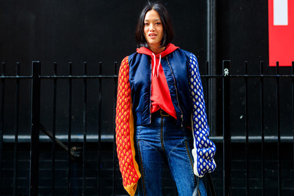atmosphere details, blue denim, blue jacket, bomber jacket, denim pants, detail, fashion week, frenchystyle, FW, graphic jacket, hoodie, horizontal, jeans, jonathan paciullo, LFW, LONDON, plaid, printed jacket, red sweater, SPRING SUMMER 2018, SS 18, street style, Tiffany Hsu, trousers, zip