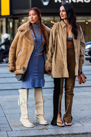 beige coat, beige jacket, blue skirt, blue top, blue turtleneck, boots, coat, jacket, leather boots, Louisa Meng, print, printed top, skirt, suede coat, suede jacket, top, turtleneck, white boots, acne bag, acne studios look, bag, beige shirt, bicolor pants, black sandals, bra, brown bag, corduroy shirt, Fiona Zanetti, hoops, kakhi bra, kakhi pants, leather bag, pants, sandals, shirt, slipt pants, zipped pants, street style, jonathan paciullo, FW, frenchystyle, fashion week, PFW, PARIS, SPRING SUMMER 2022, SS 22, vertical, full length
