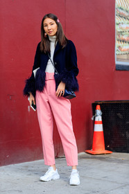black bag, blue jacket, chanel handbag, earrings, feathers, leather bag, leather shoes, pink pants, trousers, white sneakers, white sweater, street style, jonathan paciullo, FW, frenchystyle, fashion week, NYFW, NEW YORK, AUTUMN WINTER 2018-2019, AW 18-19, FALL WINTER 2018-2019, FW 18-19, vertical, full length