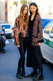 black denim, black dress, black shoes, denim pants, fringes, graphic jacket, jeans, leather shoes, model, printed jacket, trousers, MILAN, MFW, fashion week, frenchystyle, FW, jonathan paciullo, street style, AUTUMN WINTER 2019-2020, AW 19-20, FALL WINTER 2019-2020, FW 19-20, vertical, full length