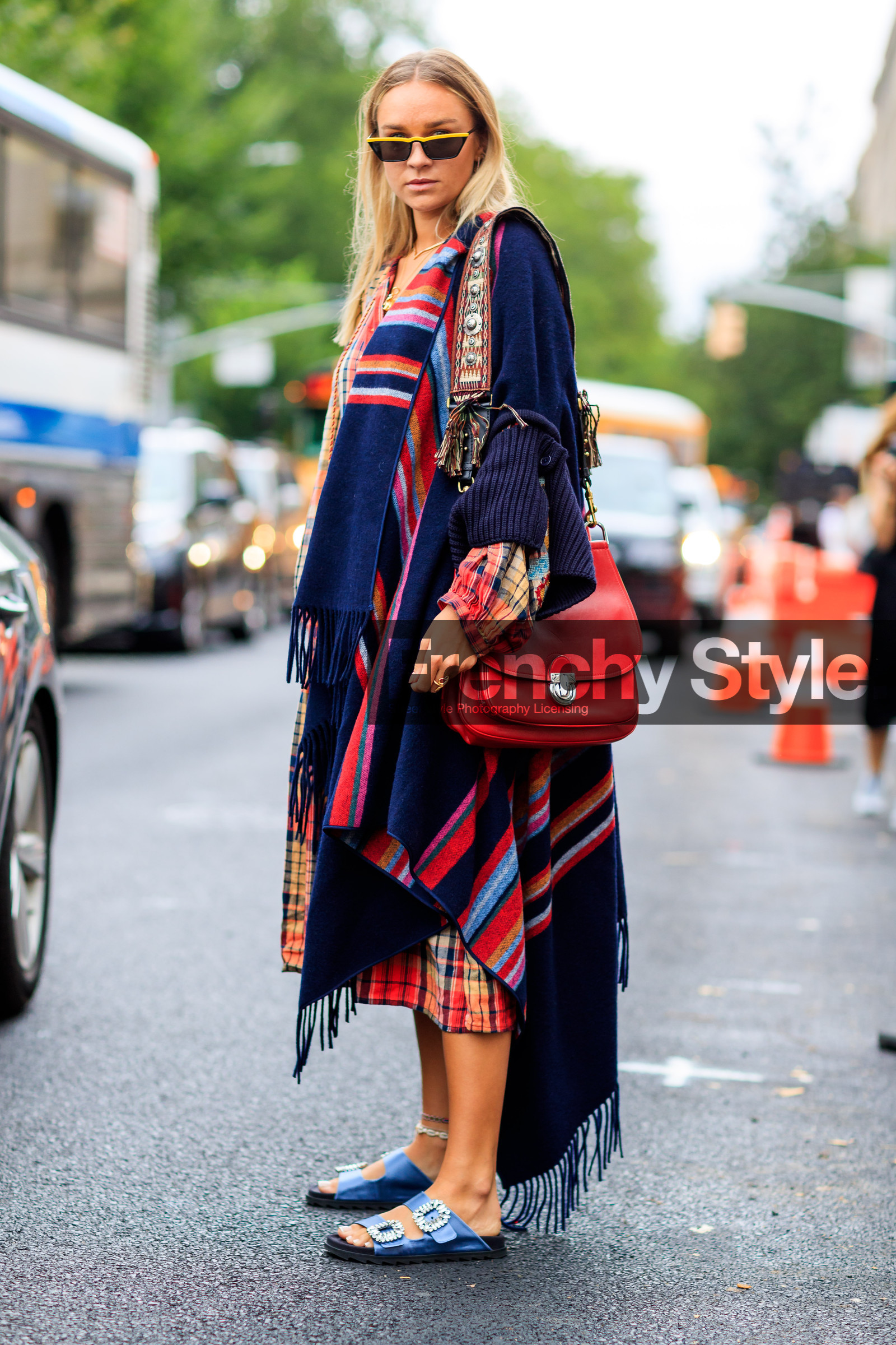 blue sandals, graphic dress, leather bag, leather shoes, multicolor dress, printed dress, red bag, sunglasses, fashion week, frenchystyle, FW, jonathan paciullo, street style, NYFW, NEW YORK, SPRING SUMMER 2019, SS 19, vertical, full length