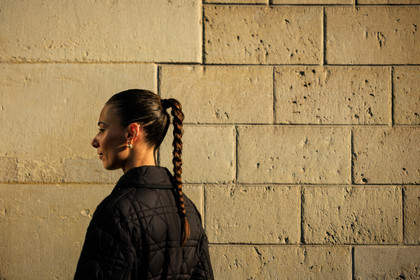 dior, dior earrings, pearls, braided hair, braided pony tails, black jacket, hair, close up, fashion week, frenchystyle, FW, jonathan paciullo, street style, PARIS, PFW, SPRING SUMMER 2022, SS 22, atmosphere details, detail, horizontal, alice barbier