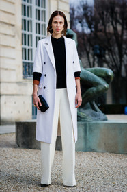 black bag, black sweater, christian dior, leather bag, trousers, white coat, white jacket, white pants, fashion week, frenchystyle, FW, jonathan paciullo, street style, PFW, PARIS, SPRING SUMMER 2017, SS 17, HAUTE COUTURE, vertical, full length, aymeline valade, model