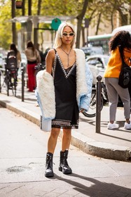 Vanessa Hong, bag, white bag, blue coat, black dress, coat, dress, miu miu look, short dress, statement dress, strap dress, strass, puffer, blue puffer, necklace, silver necklace, sunglasses, white sunglasses, fashion week, frenchystyle, FW, jonathan paciullo, street style, PFW, PARIS, SPRING SUMMER 2022, SS 22, vertical, full length