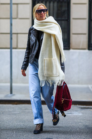 AUTUMN WINTER 2016-2017, AW 16-17, backpack, black heels, black jacket, black perfecto, blue denim, boyfriend jean, celine aagaard, denim pants, fashion week, fishnet, frenchystyle, full length, FW, FW 16-17, jeans, jonathan paciullo, leather jacket, leather perfecto, leather shoes, NEW YORK, NYFW, oversize, red bag, street style, suede shoes, sunglasses, trousers, velvet, vertical, white scarf, woman