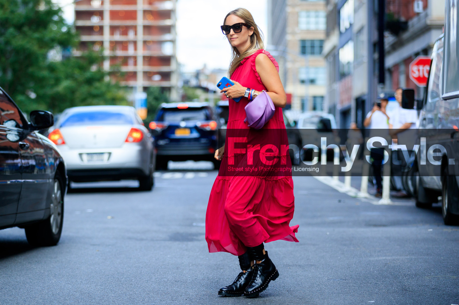 atmosphere details, black boots, bracelet, Charlotte Groeneveld, fashion week, frenchystyle, full length, FW, horizontal, iphone, jonathan paciullo, leather bag, long dress, NEW YORK, NYFW, purple bag, red dress, SPRING SUMMER 2018, SS 18, street style, sunglasses