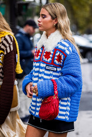 bag, black skirt, blue jacket, crochet, jacket, knitted jacket, miu miu bag, miu miu look, red bag, skirt, stripes, wool jacket, fashion week, frenchystyle, FW, jonathan paciullo, street style, PFW, PARIS, SPRING SUMMER 2022, SS 22, vertical, atmosphere details