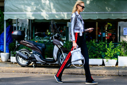 atmosphere details, black pants, black sneakers, fashion week, frenchystyle, full length, FW, grey jacket, horizontal, jonathan paciullo, leather jacket, leather perfecto, metallic jacket, MFW, MILAN, model, romee strijd, silver jacket, SPRING SUMMER 2017, SS 17, street style, striped pants, sunglasses, trousers, white bag, white t shirt