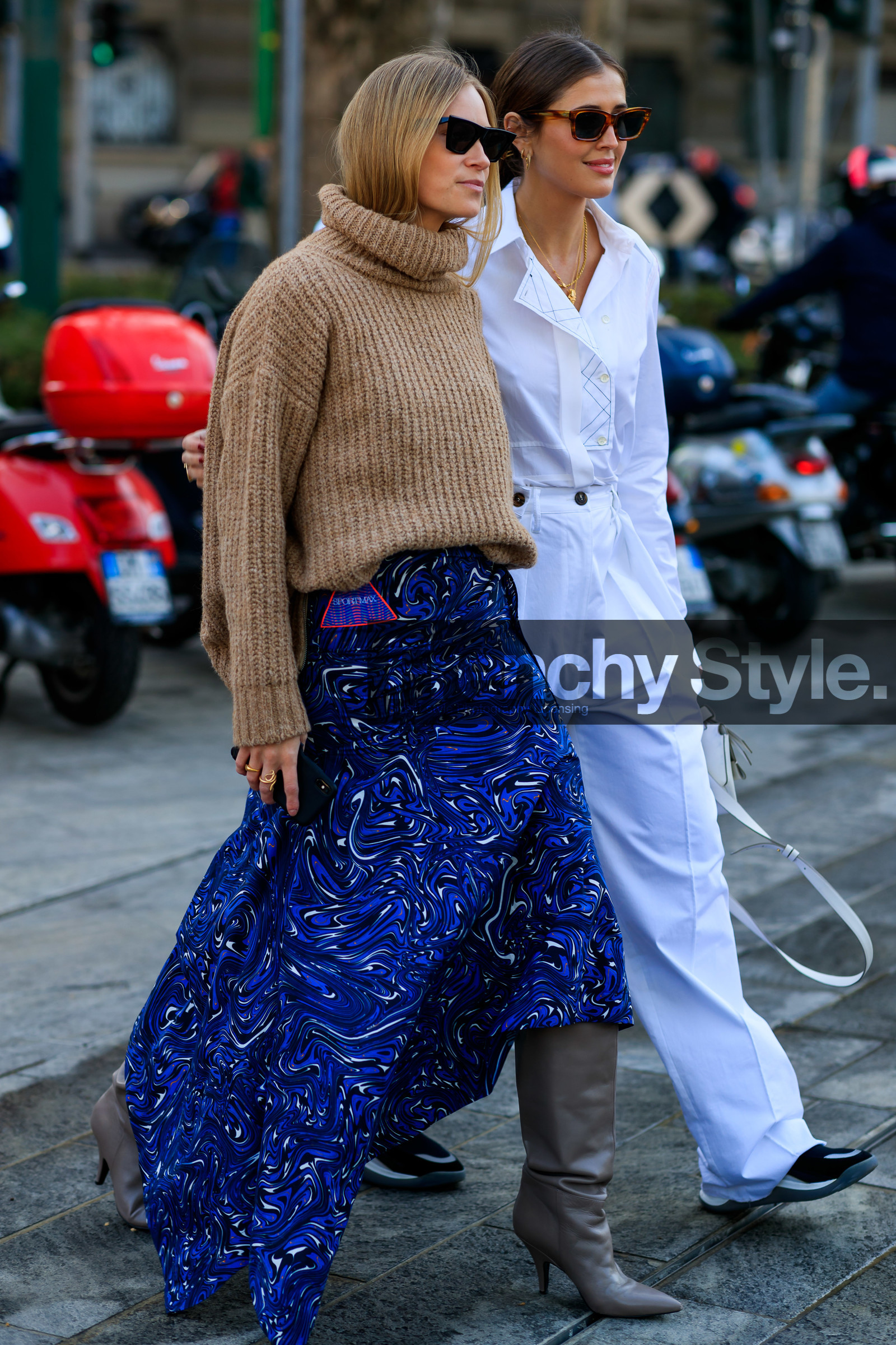 beige sweater, black sneakers, blue skirt, floral, flowers, graphic skirt, grey boots, high boots, high heels, leather shoes, printed skirt, sportmax, sunglasses, turtleneck sweater, white bag, white pants, white shirt, MILAN, MFW, fashion week, frenchystyle, FW, jonathan paciullo, street style, AUTUMN WINTER 2019-2020, AW 19-20, FALL WINTER 2019-2020, FW 19-20, vertical, full length