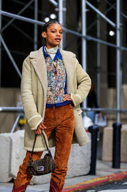 model, white coat, fur coat, floral embroidered jacket, camel suede pants, fendi bag, fendi baguette bag, brown bag, monogrammed bag, hand bag, denim shirt, white pullover, turtleneck pullover, stone necklace, cross shape earrings, dangling earrings, fashion week, frenchystyle, FW, jonathan paciullo, street style, NYFW, NEW YORK, AUTUMN WINTER 2020-2021, FALL WINTER 2020-2021, FW 20-21, vertical, detail, atmosphere details