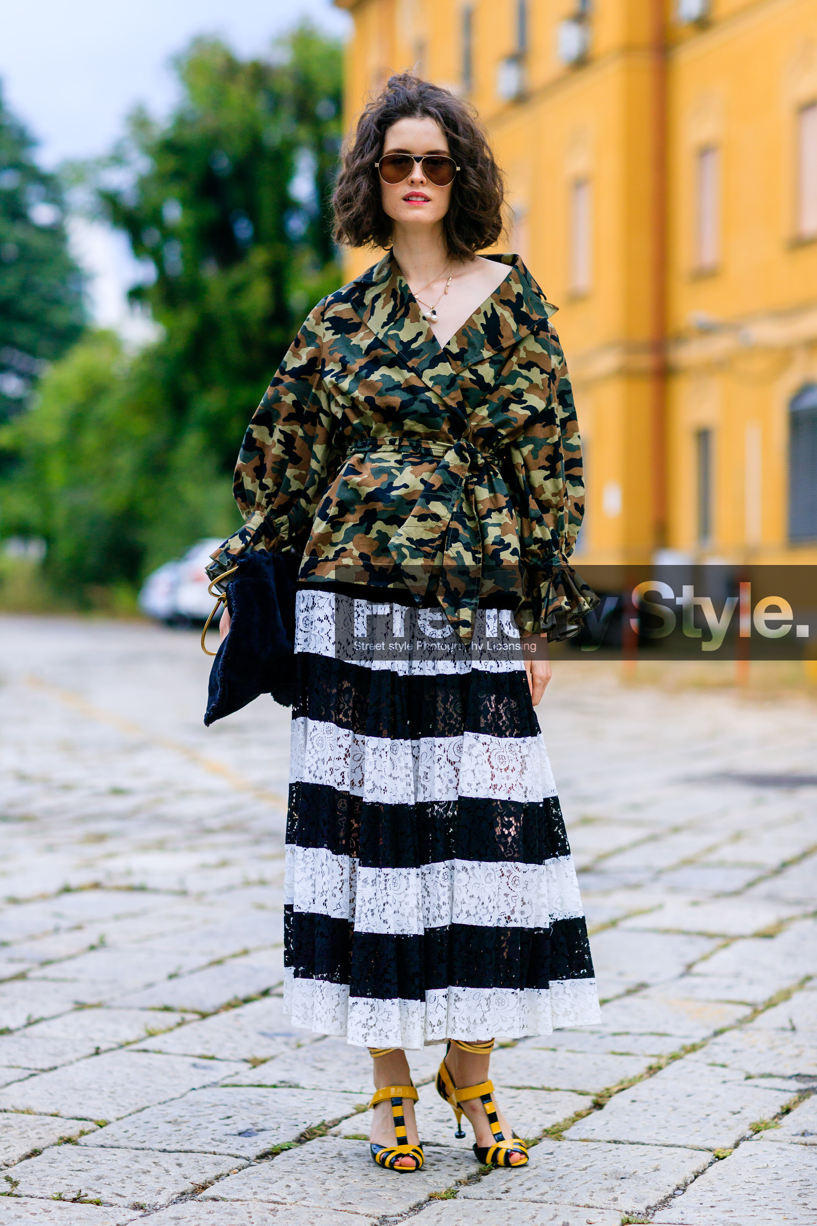 black and white, camo jacket, camouflage, fashion week, frenchystyle, full length, FW, graphic skirt, green jacket, high heels, jonathan paciullo, kaki jacket, lace skirt, leather bag, leather shoes, MFW, MILAN, military jacket, prada, printed jacket, printed skirt, SPRING SUMMER 2017, SS 17, street style, striped skirt, sunglasses, vertical, yellow sandals