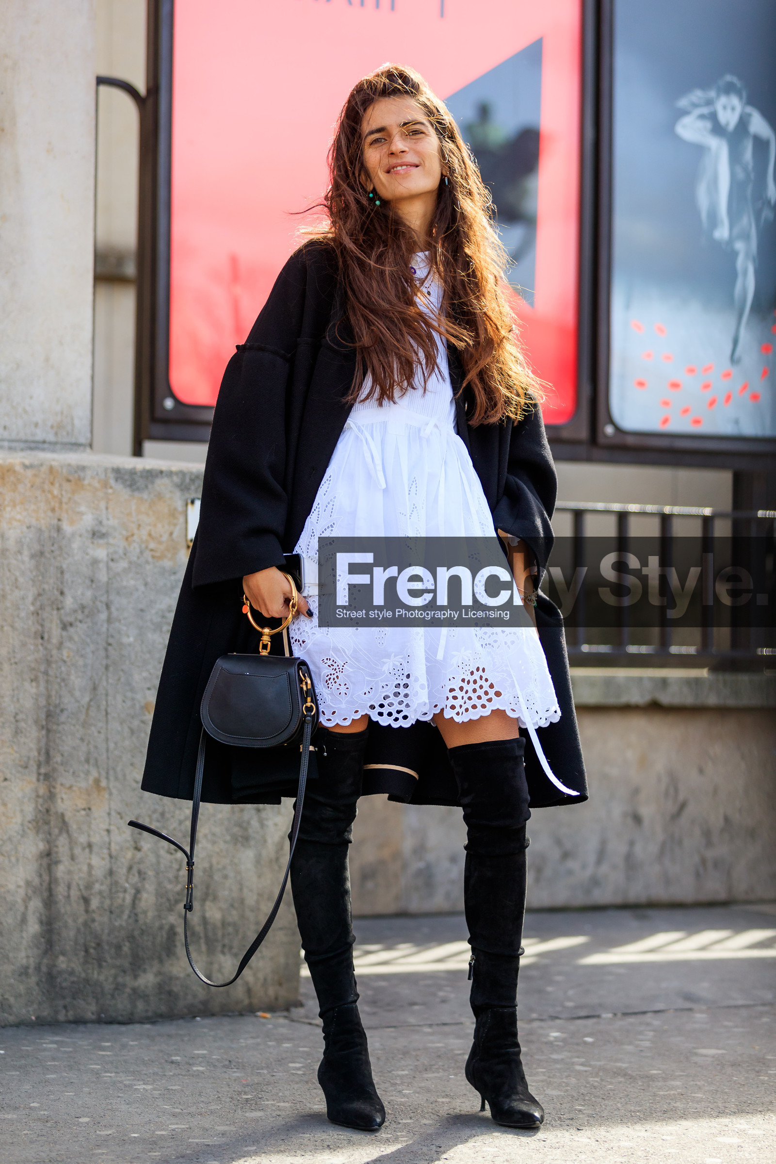 AUTUMN WINTER 2017-2018, AW 17-18, black bag, black boots, black coat, black jacket, black shoes, chiara totire, chloe, FALL WINTER 2017-2018, fashion week, frenchystyle, full length, FW, FW 17-18, high boots, jonathan paciullo, lace dress, leather bag, leather shoes, PARIS, PFW, street style, vertical, white dress