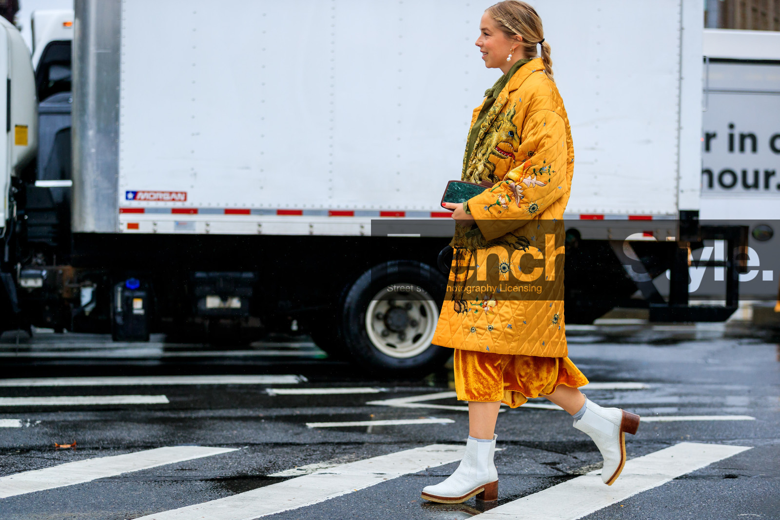braids, chloe king, graphic jacket, leather bag, leather shoes, printed jacket, velvet, white boots, yellow coat, yellow skirt, street style, jonathan paciullo, FW, frenchystyle, fashion week, NYFW, NEW YORK, SPRING SUMMER 2019, SS 19, atmosphere details, horizontal, full length