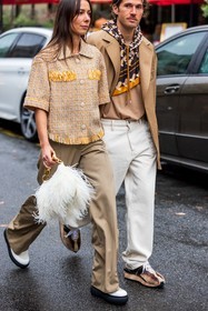 Alice Barbier, bag, beige pants, beige shirt, flare pants, fluid pants, fringes, lanvin bag, pants, printed shirt, shirt, white bag, white boots, yellow shirt, beige blazer, beige sneakers, blazer, brown scarf, denim, Jean Sebastien Roques, lanvin look, large pants, menswear, orange scarf, pants, print, printed scarf, scarf, sneakers, white denim, white pants, fashion week, frenchystyle, FW, jonathan paciullo, street style, PFW, PARIS, SPRING SUMMER 2022, SS 22, vertical, atmosphere details