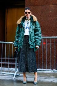AUTUMN WINTER 2017-2018, AW 17-18, beige scarf, black and white shoes, black bag, black skirt, Clara Racz, FALL WINTER 2017-2018, fashion week, frenchystyle, full length, fur collar, FW, FW 17-18, graphic shoes, green jacket, high heels, hood, jonathan paciullo, leather bag, lurex, NEW YORK, NYFW, printed shoes, street style, sunglasses, vertical, white t shirt