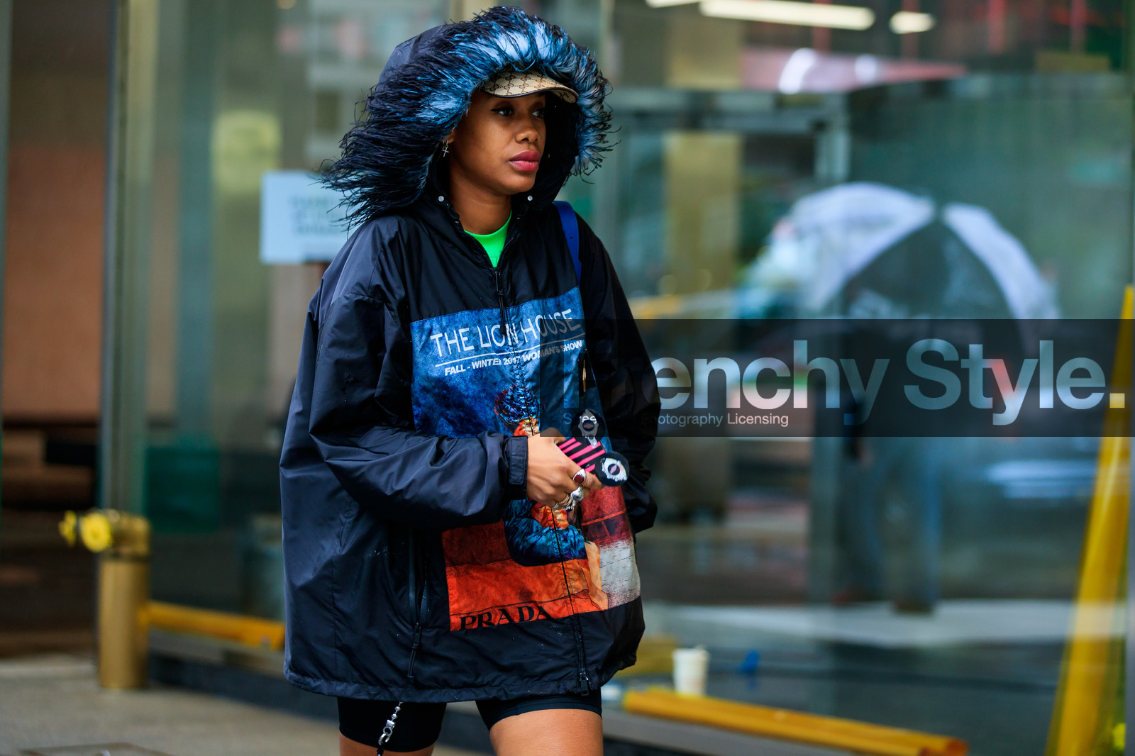 beige cap, black jacket, feathers, graphic bag, graphic jacket, gucci, hood, jan-michael quammie, prada, printed bag, printed jacket, rain jacket, street style, jonathan paciullo, FW, frenchystyle, fashion week, NYFW, NEW YORK, SPRING SUMMER 2019, SS 19, atmosphere details, horizontal, detail