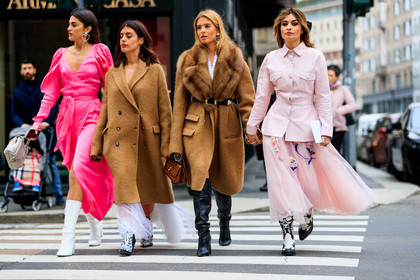 beige bag, black and white shoes, black belt, black shoes, brown bag, brown coat, brown fur, chanel handbag, cowboy boots, earrings, embroideries, fur collar, graphic skirt, high boots, leather bag, leather belt, leather shoes, pink dress, pink jacket, pink skirt, printed skirt, tulle, white shoes, MILAN, MFW, fashion week, frenchystyle, FW, jonathan paciullo, street style, AUTUMN WINTER 2019-2020, AW 19-20, FALL WINTER 2019-2020, FW 19-20, atmosphere details, detail, horizontal