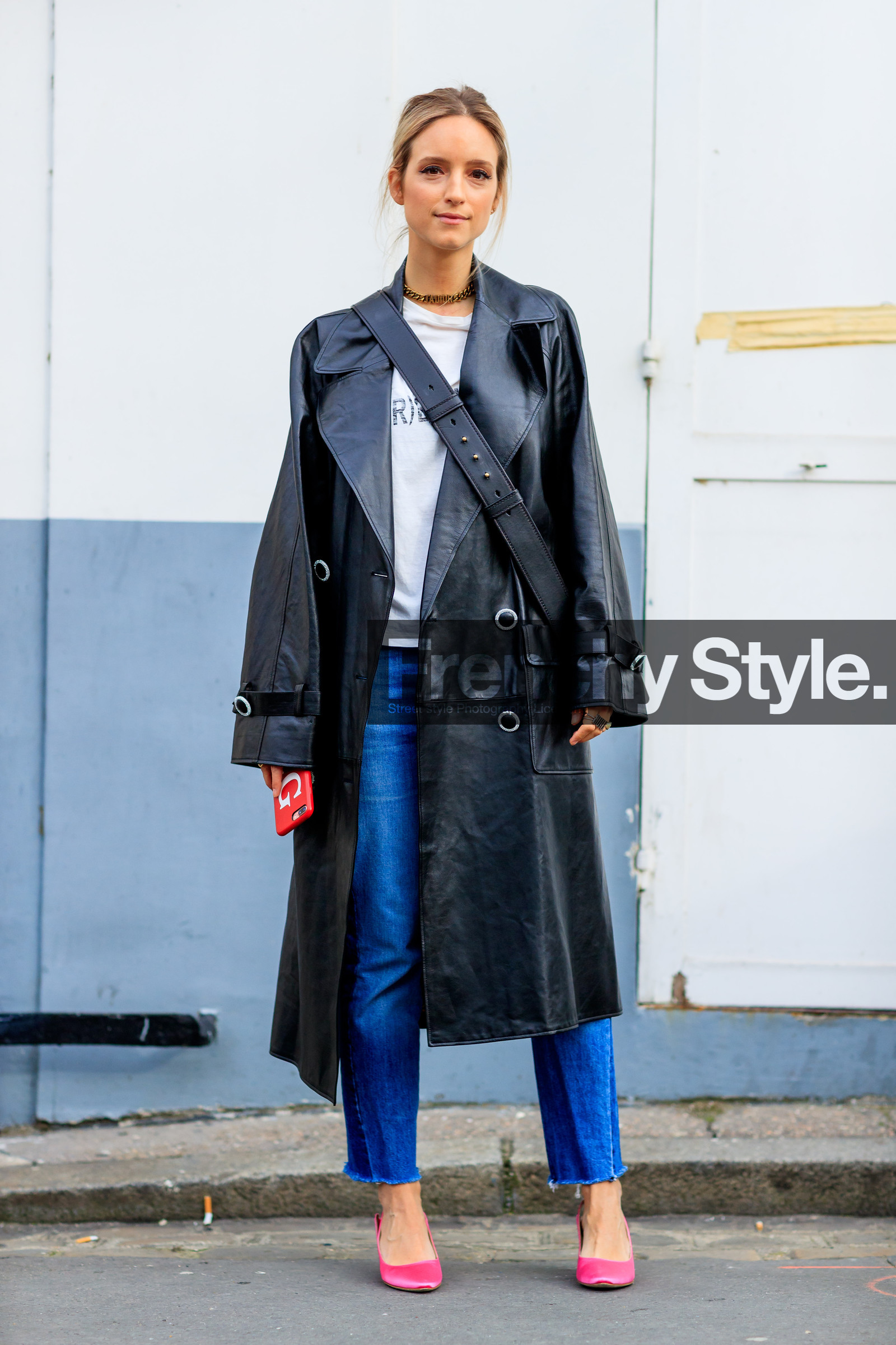AUTUMN WINTER 2017-2018, AW 17-18, black coat, black jacket, blue denim, Charlotte Groeneveld, denim pants, FALL WINTER 2017-2018, fashion week, frenchystyle, full length, FW, FW 17-18, high heels, jeans, jonathan paciullo, leather coat, leather shoes, PARIS, PFW, pink shoes, street style, trousers, vertical, white t shirt