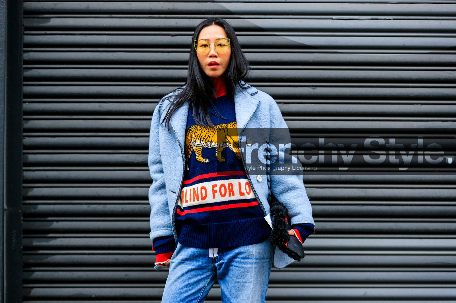 acne studios, atmosphere details, AUTUMN WINTER 2017-2018, AW 17-18, blue denim, blue jacket, blue sweater, denim pants, detail, FALL WINTER 2017-2018, fashion week, frenchystyle, FW, FW 17-18, gucci, horizontal, jeans, jonathan paciullo, leather bag, NEW YORK, NYFW, printed sweater, street style, sunglasses, trousers, wool jacket