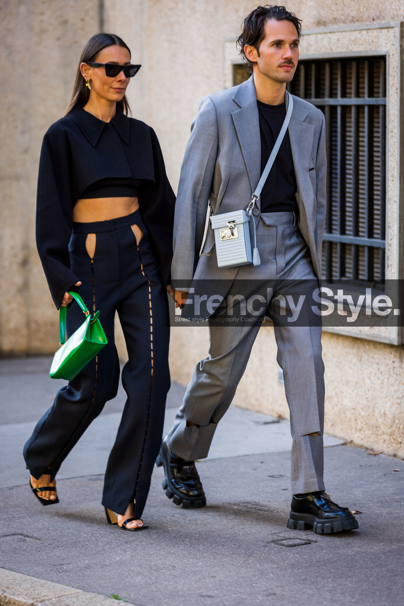 Alice Barbier, bag, black crop top, black derbies, black jacket, black pants, black sandals, black sunglasses, black t-shirt, blazer, couple, crop jacket, crop top, crossbody bag, cut out, derbies, duo, green bag, grey bag, grey blazer, grey pants, grey suit, high waist pants, Jean-Sebastien Roques, leather bag, menswear, sunglasses, street style, jonathan paciullo, FW, frenchystyle, fashion week, PFW, PARIS, SPRING SUMMER 2022, SS 22, vertical, full length