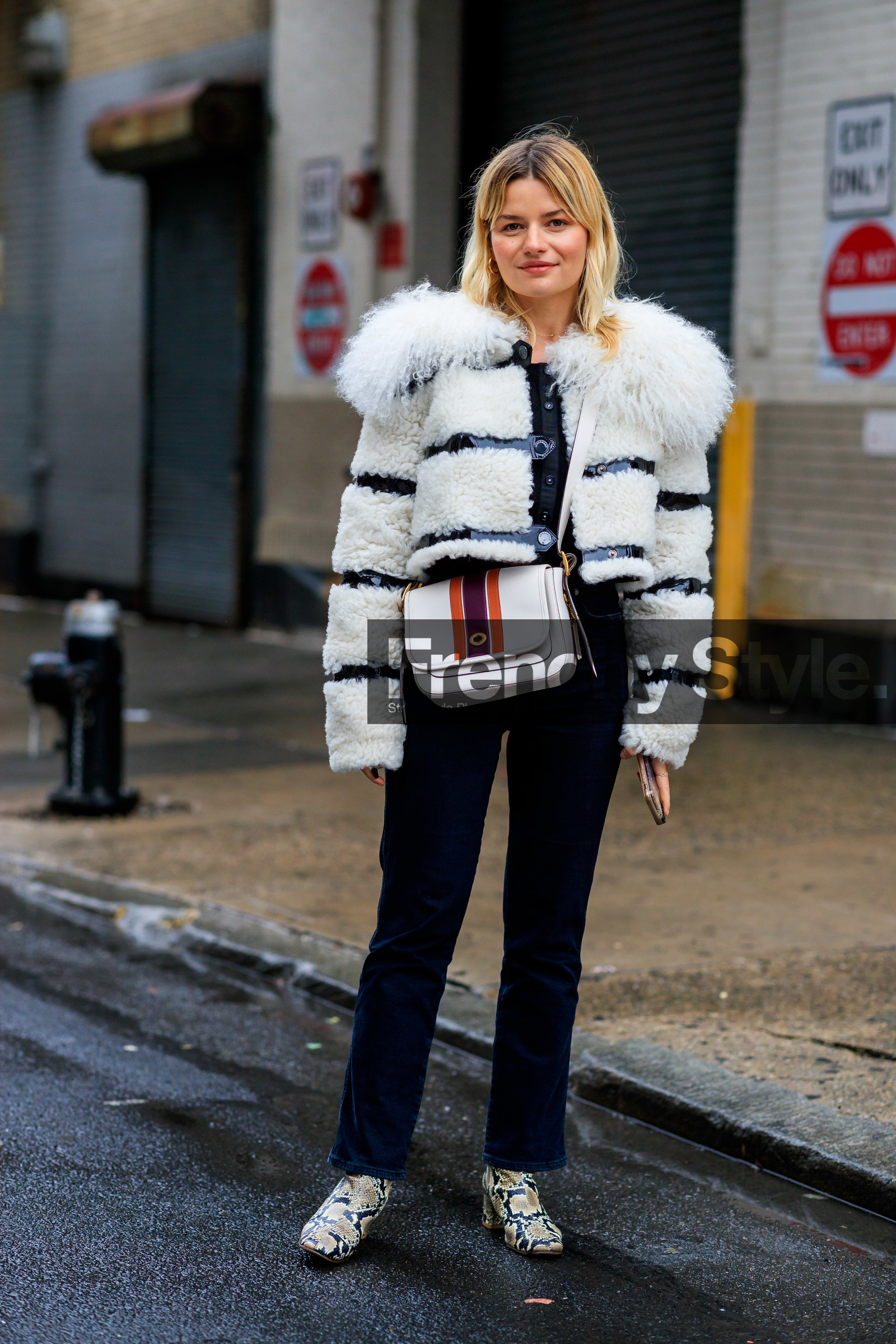 sabina socol, white coat, fur coat, striped coat, black polish coat, vinyl coat, longchamp coat, cropped coat, white leather bag, coach bag, beige leather boots, animal skin boots, striped boots, fashion week, frenchystyle, FW, jonathan paciullo, street style, NYFW, NEW YORK, AUTUMN WINTER 2020-2021, FALL WINTER 2020-2021, FW 20-21, vertical, full length