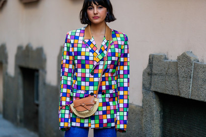blazer, blue denim, camel bag, checked, denim pants, graphic bag, graphic jacket, jeans, leather bag, loewe, maria bernad, multicolor jacket, plaid, printed bag, printed jacket, trousers, MILAN, MFW, fashion week, frenchystyle, FW, jonathan paciullo, street style, AUTUMN WINTER 2019-2020, AW 19-20, FALL WINTER 2019-2020, FW 19-20, atmosphere details, detail, horizontal