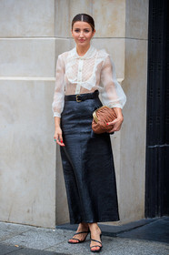 nude shirt, sheer shirt, organza shirt, ruffle shirt, white shirt, black leather belt, black leather sandals, black leather skirt, belted skirt, long skirt, multi straps sandals, brown leather clutch, camel leather clutch, quilted clutch, drape clutch, miu miu bag, hoop earrings, golden earrings, green stone ring, diamond ring, miu miu shirt, PARIS, PFW, fashion week, frenchystyle, FW, jonathan paciullo, street style, SPRING SUMMER 2021, SS 21, vertical, full length