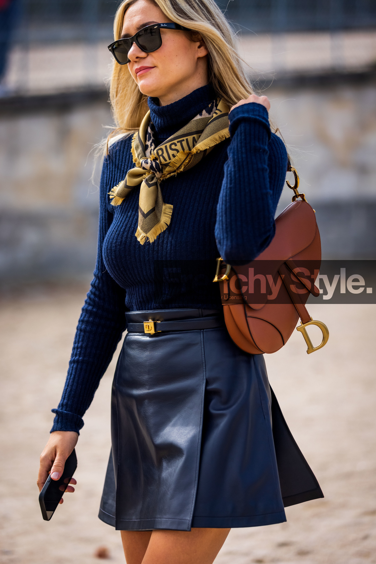 Anne Laure Mais, bag, black sunglasses, camel bag, dior look, leather bag, leather skirt, navy skirt, navy turtleneck, rayban, saddle bag, scarf, sunglasses, turtleneck, yellow scarf, street style, jonathan paciullo, FW, frenchystyle, fashion week, PFW, PARIS, SPRING SUMMER 2022, SS 22, vertical, atmosphere details