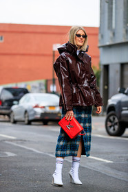 blue skirt, brown jacket, checked, checked skirt, fila, graphic skirt, high heels, hood, leather bag, leather jacket, leather shoes, louis vuitton, plaid, printed skirt, rain coat, red bag, sunglasses, tartan, vinyl, white boots, street style, jonathan paciullo, FW, frenchystyle, fashion week, NYFW, NEW YORK, AUTUMN WINTER 2018-2019, AW 18-19, FALL WINTER 2018-2019, FW 18-19, vertical, full length, sofie valkiers
