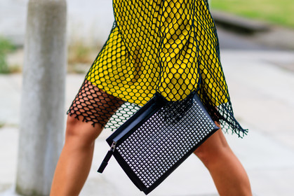 atmosphere details, black bag, detail, fashion week, fishnet, frenchystyle, FW, geometric, graphic dress, horizontal, jonathan paciullo, leather bag, LFW, LONDON, SPRING SUMMER 2017, SS 17, street style, studded bag, woman, yellow dress