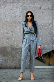 blazer, doina ciobanu, grey jacket, grey pants, grey suit, high heels, leather bag, leather shoes, red bag, red shoes, sunglasses, tattoos, trousers, MILAN, MFW, fashion week, frenchystyle, FW, jonathan paciullo, street style, AUTUMN WINTER 2019-2020, AW 19-20, FALL WINTER 2019-2020, FW 19-20, vertical, full length