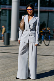 beige bag, blazer, doina ciobanu, fanny pack, grey jacket, grey pants, grey suit, leather bag, sunglasses, trousers, MILAN, MFW, fashion week, frenchystyle, FW, jonathan paciullo, street style, AUTUMN WINTER 2019-2020, AW 19-20, FALL WINTER 2019-2020, FW 19-20, vertical, full length