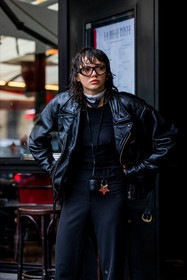 black monochrome, black pants, black perfecto, black scarf, black t-shirt, glasses, jacket, leather jacket, pants, perfecto, scarf, t-shirt, white scarf, fashion week, frenchystyle, FW, jonathan paciullo, street style, PFW, PARIS, SPRING SUMMER 2022, SS 22, vertical, atmosphere details
