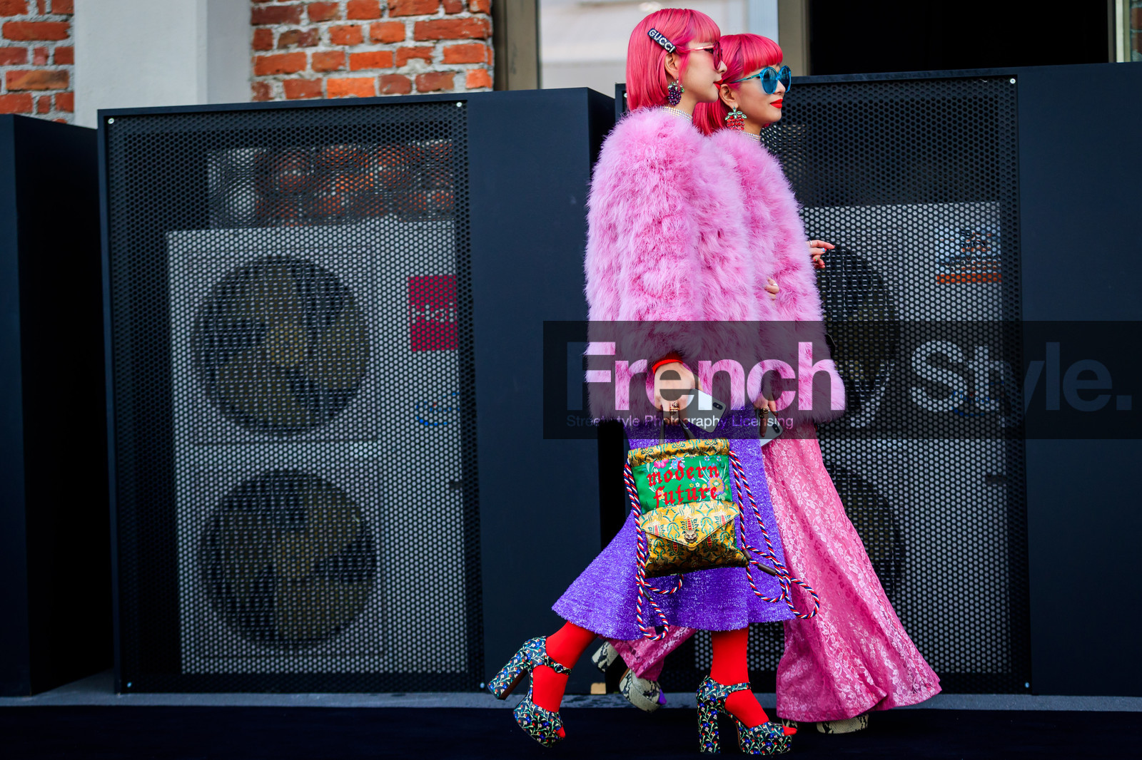 animal print, chinese print, choker, dyed hair, floral, flowers, fur jacket, fuschia, glitter, graphic bag, gucci, high heels, japanese print, leather bag, leather shoes, multicolor bag, necklace, pink fur, pink hair, pink jacket, pink pants, printed bag, printed shoes, purple skirt, purple sweater, red lips, red sweater, rings, sequined pants, sequined skirt, shiny pants, shiny skirt, sunglasses, tights, fashion week, frenchystyle, FW, jonathan paciullo, street style, MFW, MILAN, AUTUMN WINTER 2018-2019, FALL WINTER 2018-2019, FW 18-19, horizontal, atmosphere details, full length, Ami and Aya Suzuki
