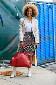 beige coat, black skirt, embroidered skirt, graphic skirt, gucci, high heels, leather bag, leather shoes, printed skirt, red bag, white boots, white shirt, street style, jonathan paciullo, FW, frenchystyle, fashion week, NYFW, NEW YORK, AUTUMN WINTER 2018-2019, AW 18-19, FALL WINTER 2018-2019, FW 18-19, vertical, full length, elaine welteroth