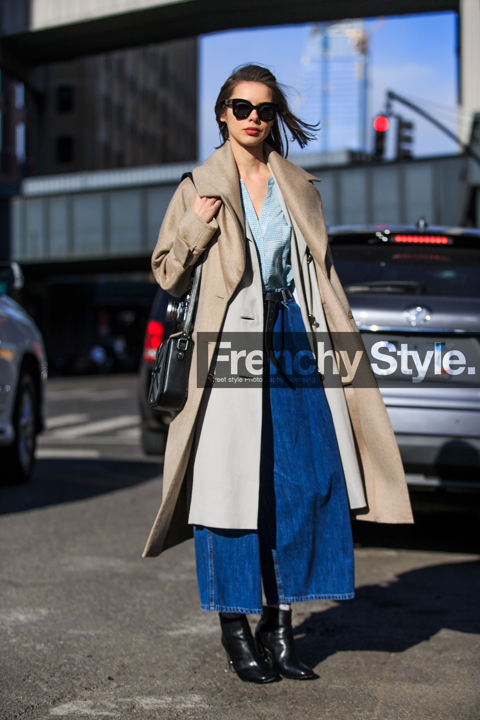 acne studios, AUTUMN WINTER 2016-2017, AW 16-17, beige coat, black bag, black belt, black boots, blue denim, céline, denim pants, fashion week, frenchystyle, full length, FW, FW 16-17, high heels, jeans, jonathan paciullo, leather bag, leather boots, NEW YORK, NYFW, street style, sunglasses, trench coat, trousers, vertical, wide pants, woman