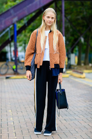 black bag, black pants, black slippers, bomber jacket, camel jacket, fashion week, frenchystyle, full length, FW, grey bag, jonathan paciullo, leather bag, LFW, LONDON, long hair, model, natural, SPRING SUMMER 2017, SS 17, street style, tote bag, trousers, vertical, white t shirt, woman