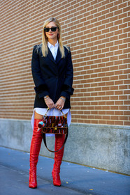 black jacket, blazer, chiara ferragni, fashion week, fendi, frenchystyle, full length, FW, graphic bag, high boots, high heels, jonathan paciullo, leather bag, leather shoes, MFW, MILAN, printed bag, red bag, red shoes, shirt dress, SPRING SUMMER 2018, SS 18, street style, sunglasses, vertical, white shirt