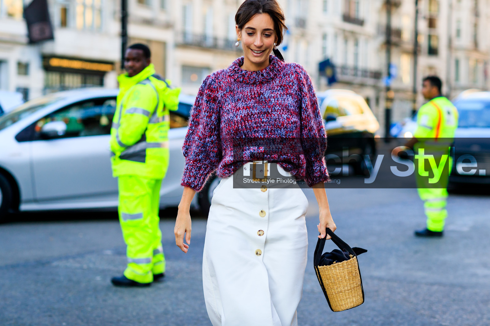 basket, earrings, leather bag, purple sweater, white belt, white skirt, fashion week, frenchystyle, FW, jonathan paciullo, street style, LFW, LONDON, SPRING SUMMER 2019, SS 19, atmosphere details, horizontal, detail