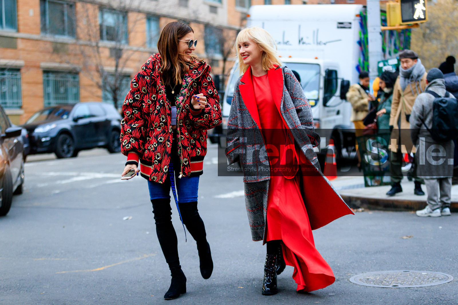 black shoes, blue denim, checked coat, denim pants, graphic jacket, grey coat, high boots, high heels, jeans, leather shoes, plaid, printed jacket, red dress, red jacket, sunglasses, trousers, street style, jonathan paciullo, FW, frenchystyle, fashion week, NYFW, NEW YORK, AUTUMN WINTER 2018-2019, AW 18-19, FALL WINTER 2018-2019, FW 18-19, atmosphere details, horizontal, full length