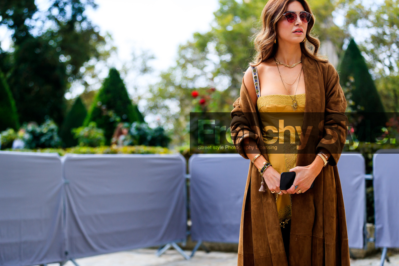 atmosphere details, brown coat, christian dior, detail, fashion week, frenchystyle, FW, horizontal, jonathan paciullo, necklace, negin mirsalehi, PARIS, PFW, SPRING SUMMER 2018, SS 18, street style, suede jacket, sunglasses, yellow dress