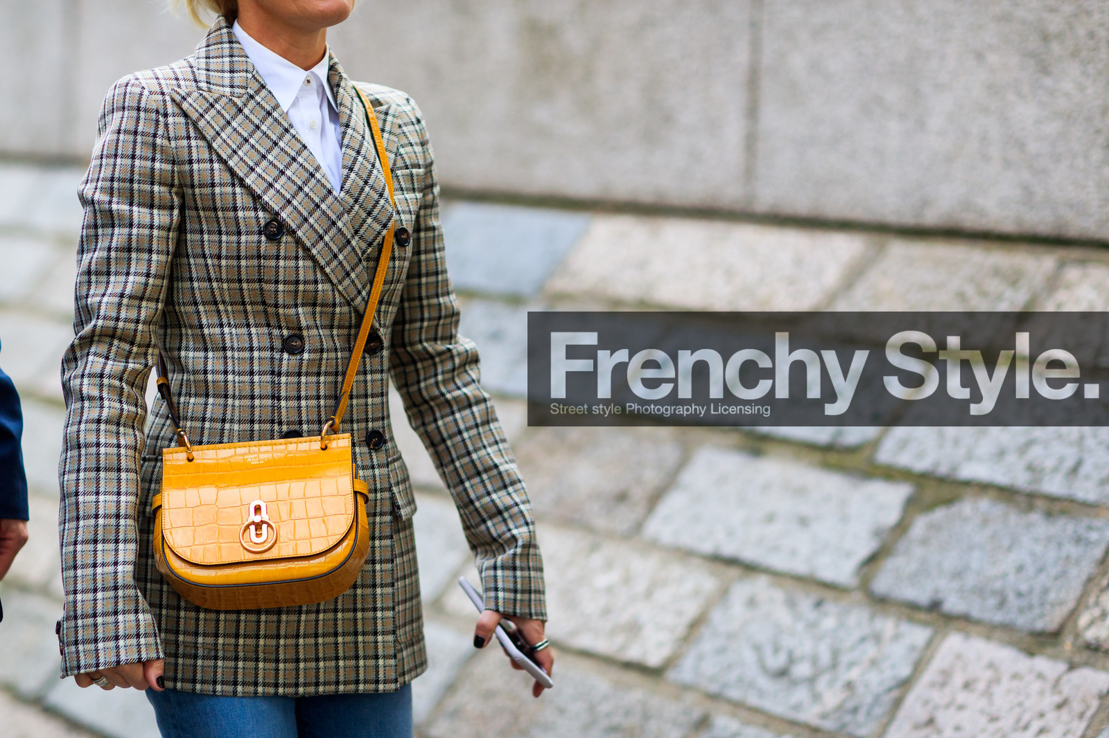 atmosphere details, blazer, checked jacket, detail, fashion week, frenchystyle, FW, graphic jacket, horizontal, jonathan paciullo, leather bag, LFW, LONDON, plaid, printed jacket, SPRING SUMMER 2018, SS 18, street style, white shirt, yellow bag