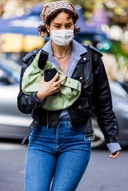 bag, black perfecto, blue denim, blue jean, blue shirt, denim, facial mask, green bag, hairstyle, jean, leather perfecto, necklace, perfecto, pistachio bag, printed scarf, scarf, shirt, silver necklace, striped shirt, stripes, street style, jonathan paciullo, FW, frenchystyle, fashion week, PFW, PARIS, SPRING SUMMER 2022, SS 22, vertical, atmosphere details